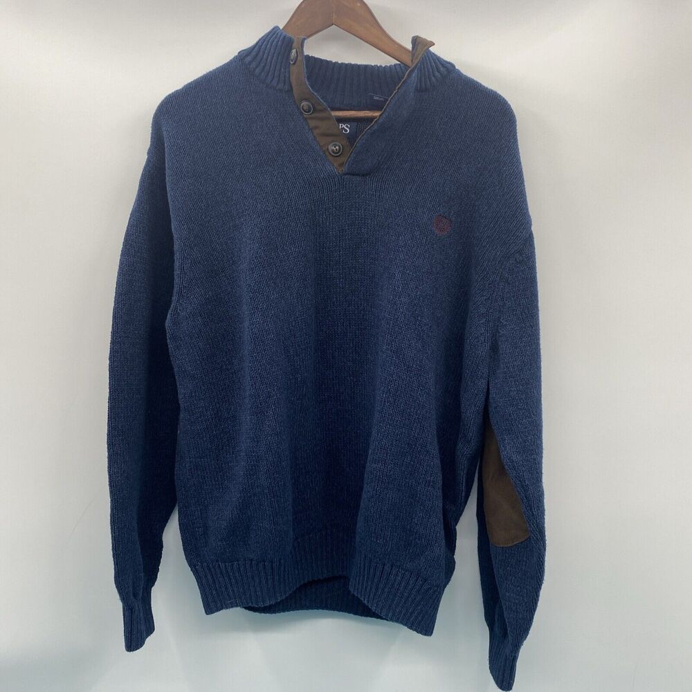 Chaps Sweater Mens XXL Blue Cotton Knit Mock Neck Faux Leather Elbow Patch